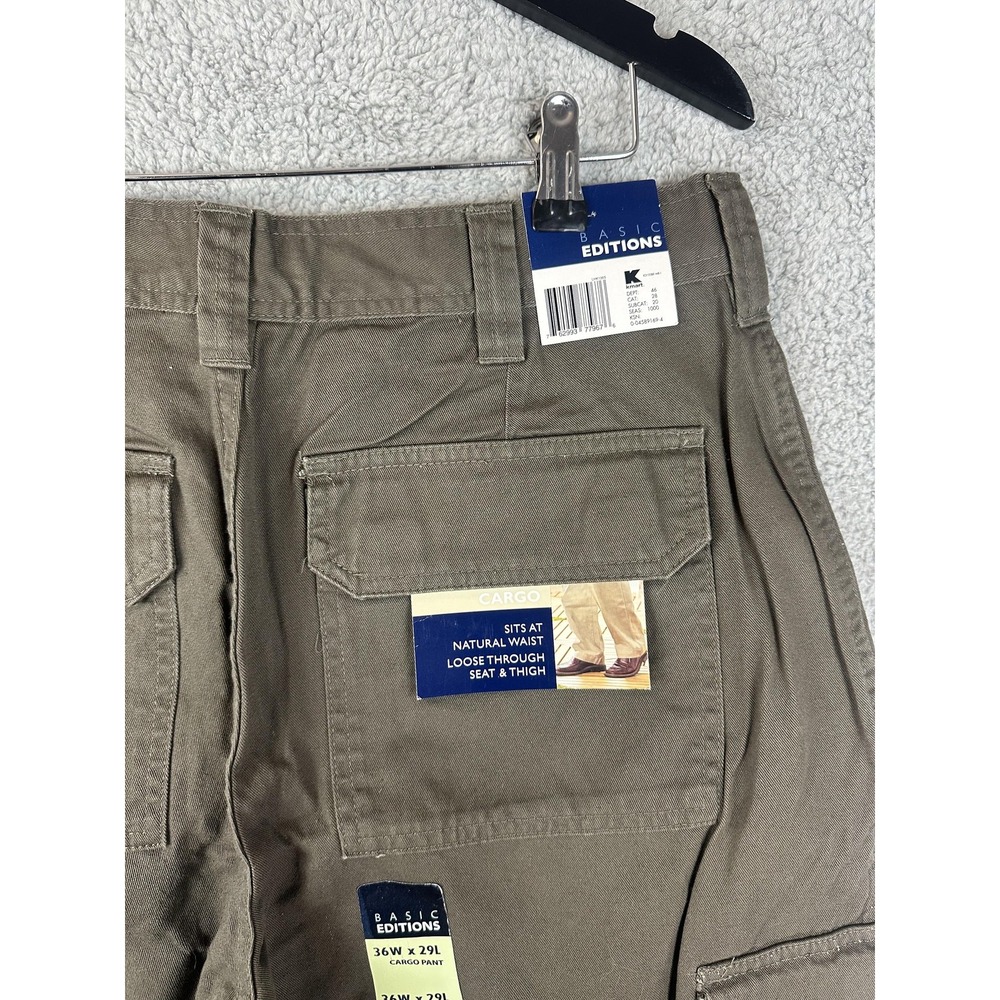 Basic Editions Cargo Pants Mens 36x29 Khaki Flat Front Loose Fit Utility New